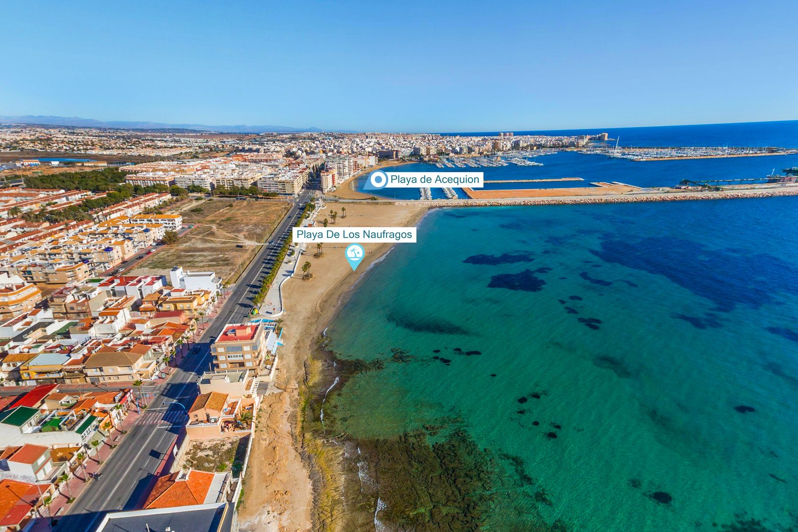Playa Los Naufragos Blue Flag beach aerial view Torrevieja